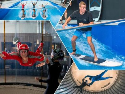 Erlebniskollage aus der Jochen Schweizer Arena: Indoor-Surfen und Bodyflying mit Kindern und Erwachsenen in actionreichen Momenten auf der stehenden Welle und im Windtunnel.